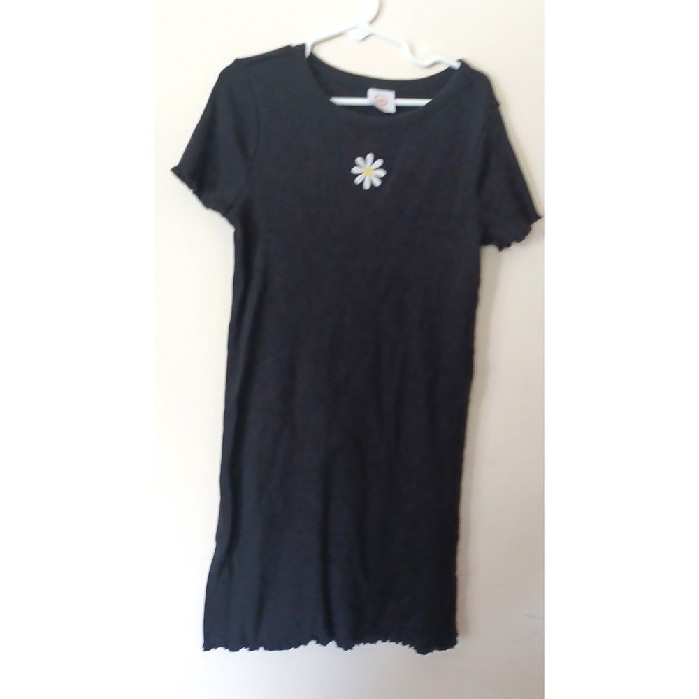Wonder Nation T-Shirt Dress Kids Size M 7-8 Black Ribbed Lettuce‎ Trim Daisy